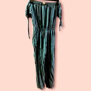 off the shoulder striped jumpsuit